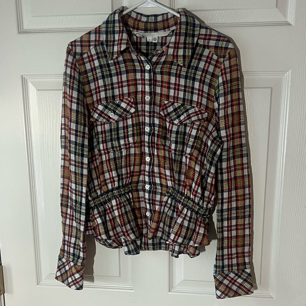 Veronica Beard Plaid Button Down Peplum Red Shaina Top‎ Multicolor, Sz 10